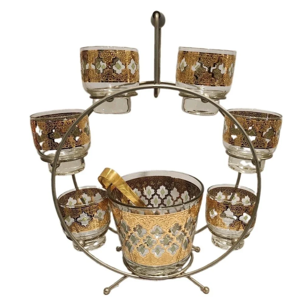 Vintage Culver Valencia 22K Gold 6 Glass Ice Bucket Caddy Set MCM 1960s